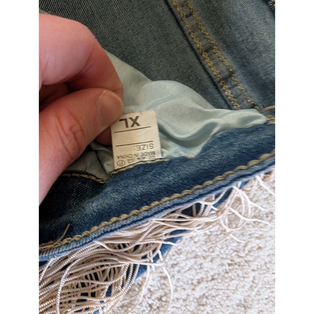 Mundefeis Womens Denim Fringe Boho Jeans XL Blue Distressed Straight Leg - Picture 8 of 14